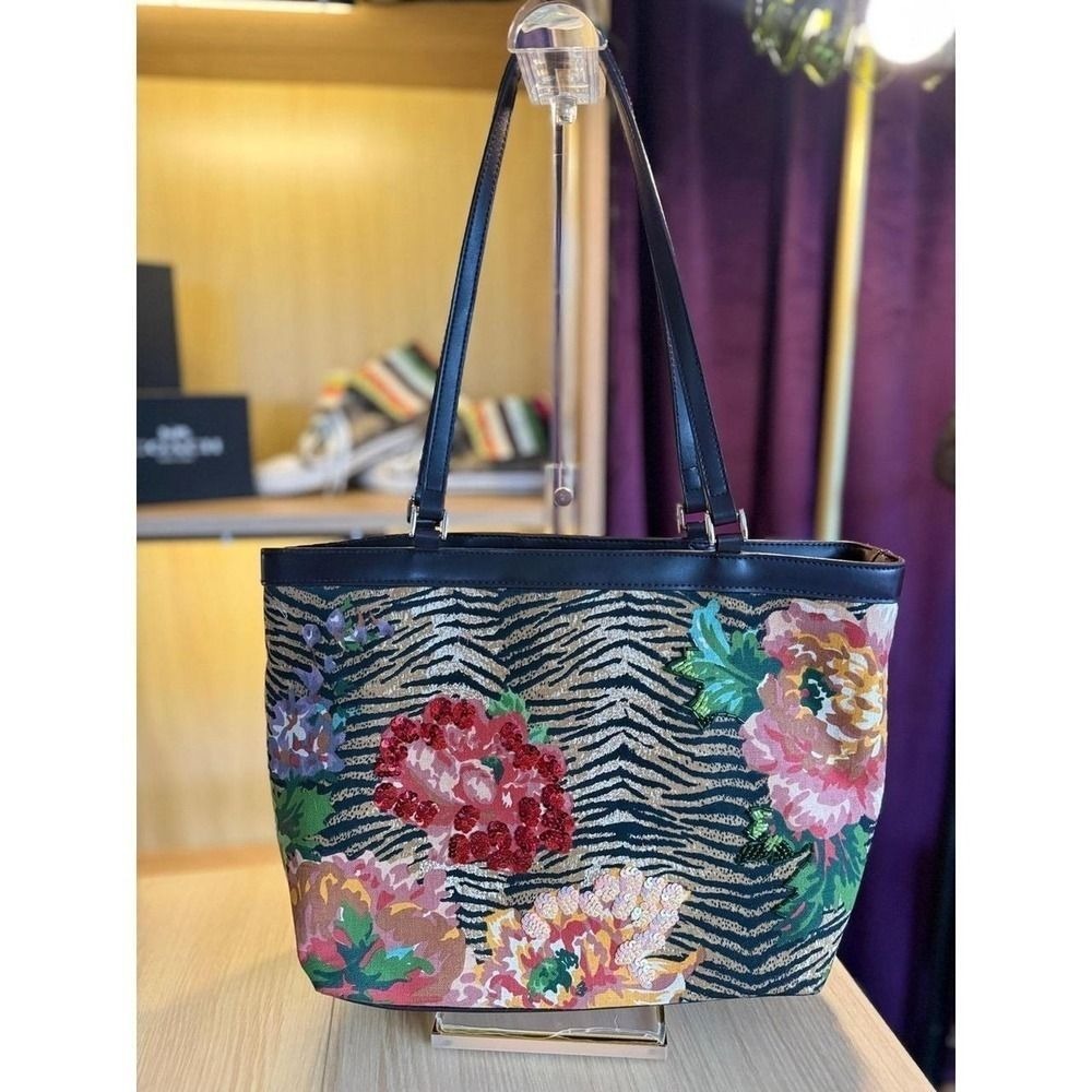 Y2K Liz Claiborne Zebra Floral Beaded Tote